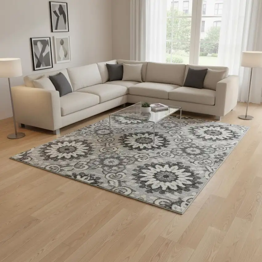 Silver Gray And Ivory Medallion Washable Area Rug With UV Protection Photo 2