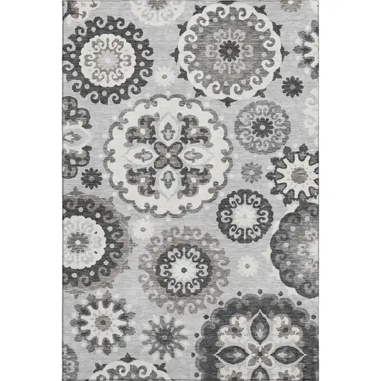 Silver Gray And Ivory Medallion Washable Area Rug With UV Protection Photo 7