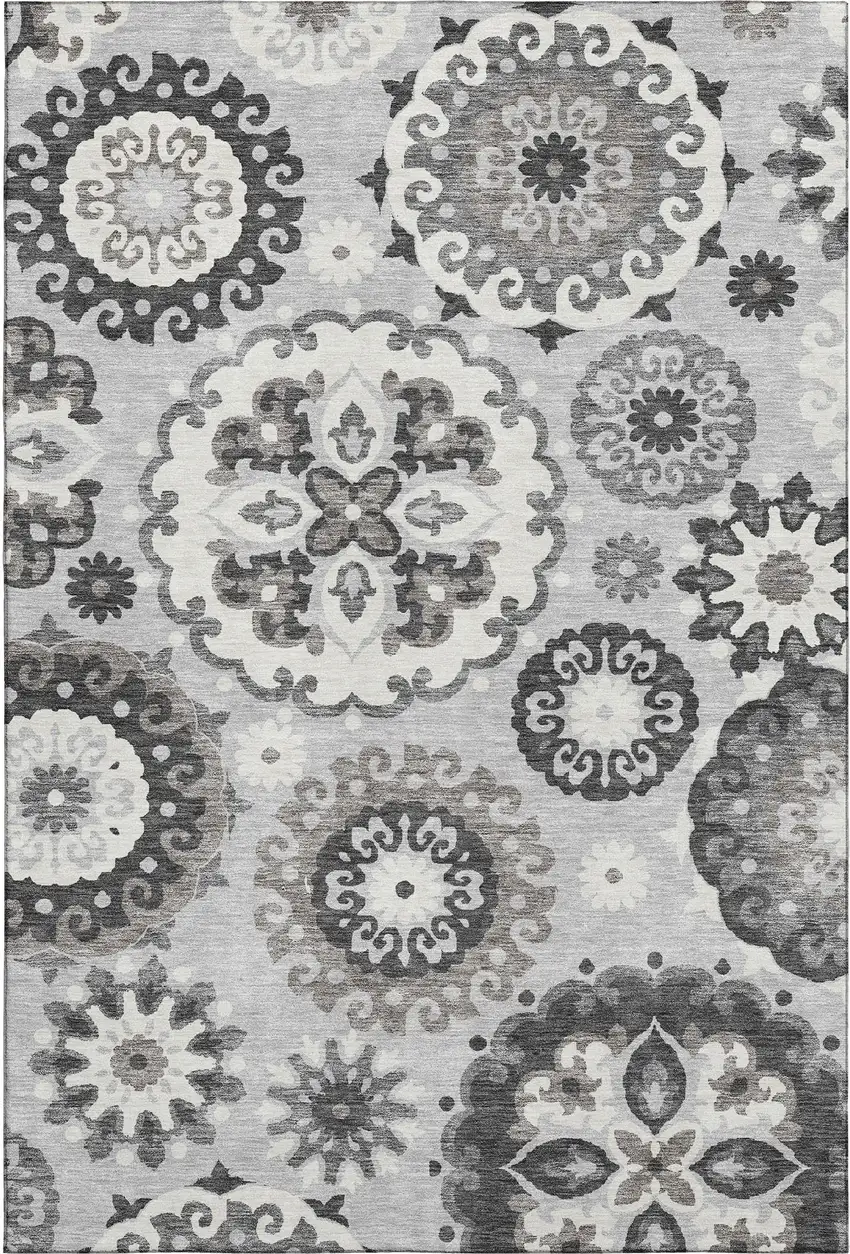 Silver Gray And Ivory Medallion Washable Area Rug With UV Protection Photo 7