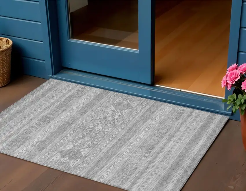 Silver Gray And Ivory Southwestern Washable Indoor Outdoor Area Rug Photo 1