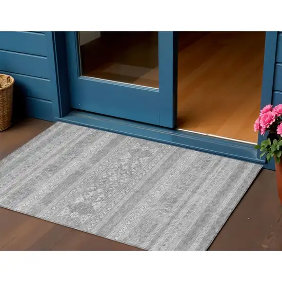 Silver Gray And Ivory Southwestern Washable Indoor Outdoor Area Rug Photo 1