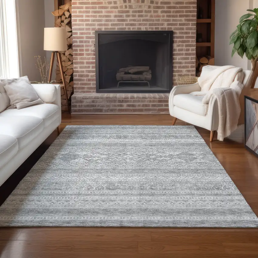 Silver Gray And Ivory Southwestern Washable Indoor Outdoor Area Rug Photo 7