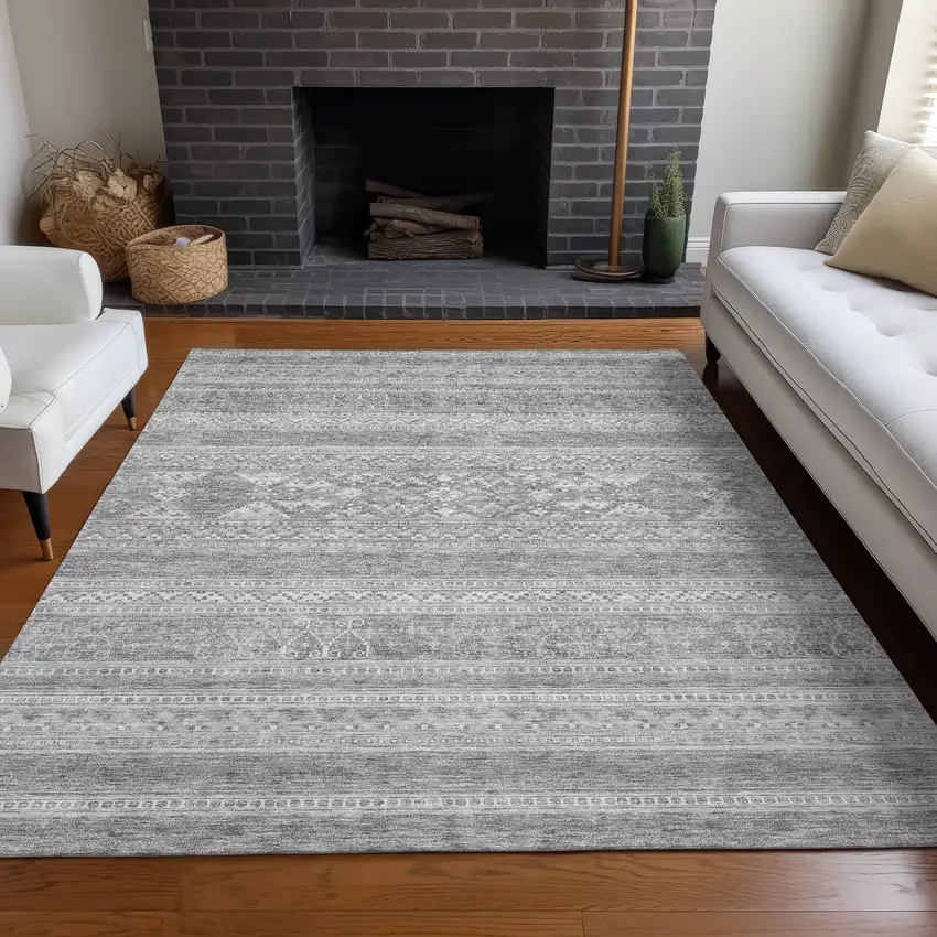 Silver Gray And Ivory Southwestern Washable Indoor Outdoor Area Rug Photo 6