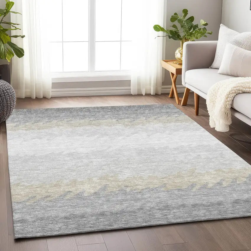 Silver Gray And Ivory Striped Washable Area Rug With UV Protection Photo 2