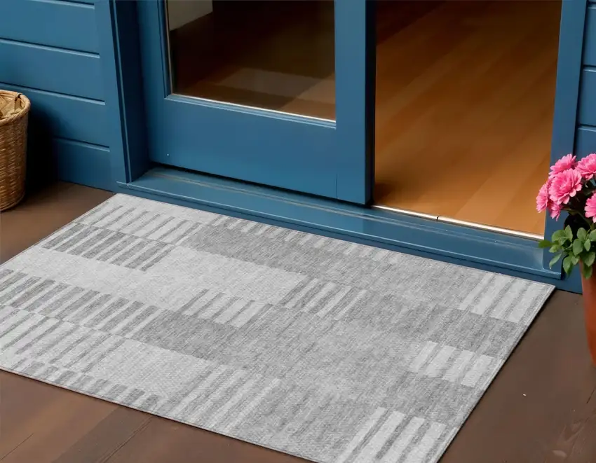 Silver Gray And Ivory Striped Washable Indoor Outdoor Area Rug Photo 1