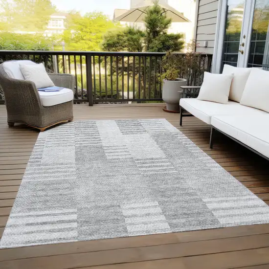 Silver Gray And Ivory Striped Washable Indoor Outdoor Area Rug Photo 9