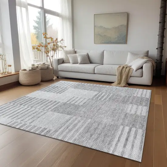 Silver Gray And Ivory Striped Washable Indoor Outdoor Area Rug Photo 9