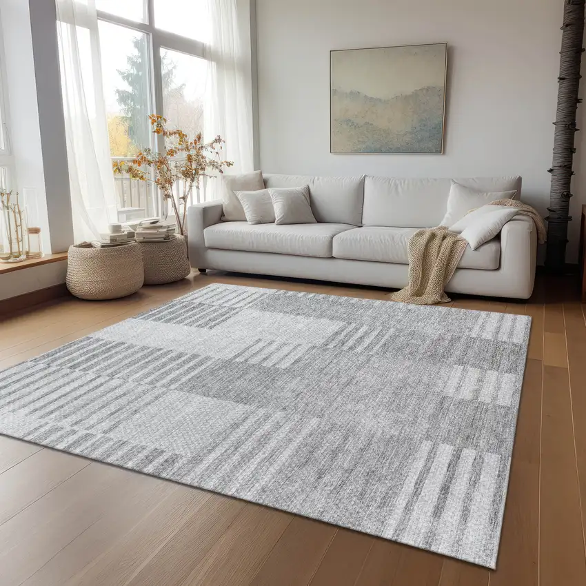 Silver Gray And Ivory Striped Washable Indoor Outdoor Area Rug Photo 9