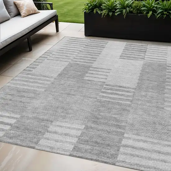 Silver Gray And Ivory Striped Washable Indoor Outdoor Area Rug Photo 1