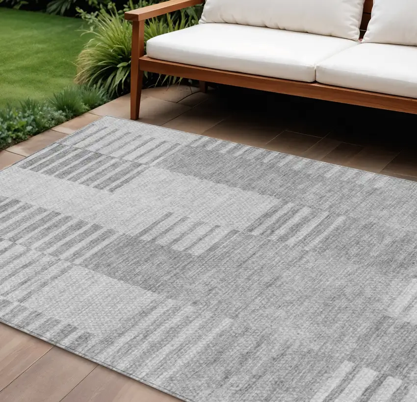 Silver Gray And Ivory Striped Washable Indoor Outdoor Area Rug Photo 1