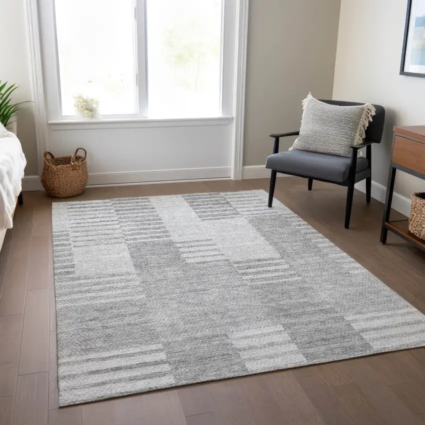 Silver Gray And Ivory Striped Washable Indoor Outdoor Area Rug Photo 8