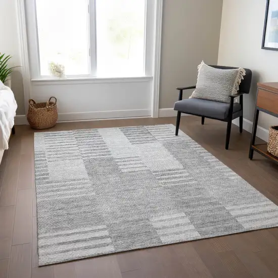Silver Gray And Ivory Striped Washable Indoor Outdoor Area Rug Photo 8