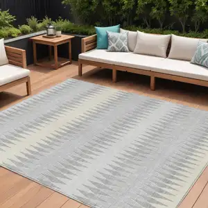 Photo of Silver Gray And Ivory Striped Washable Indoor Outdoor Area Rug
