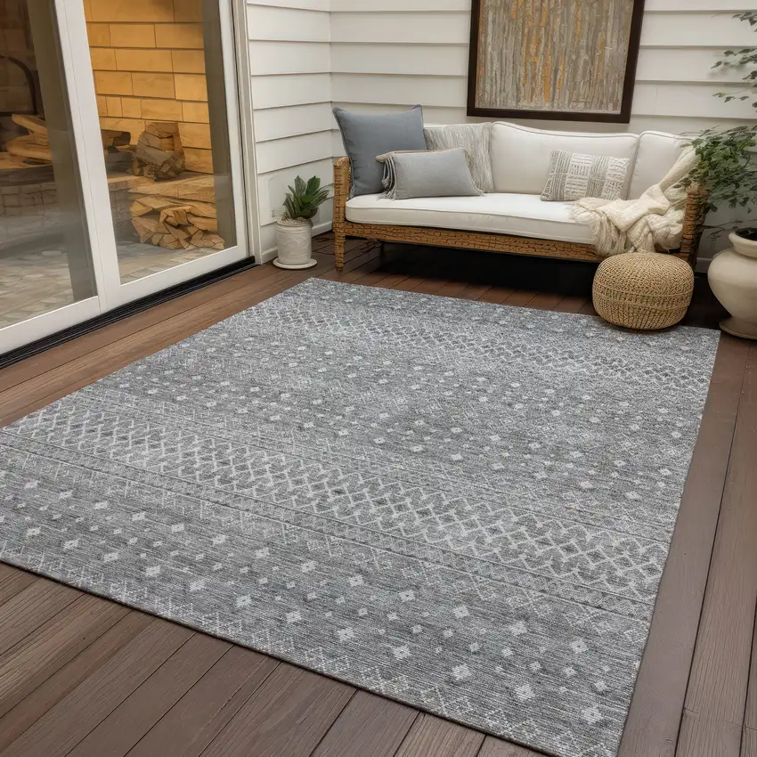 Silver Gray And Ivory Tribal Washable Indoor Outdoor Area Rug Photo 9