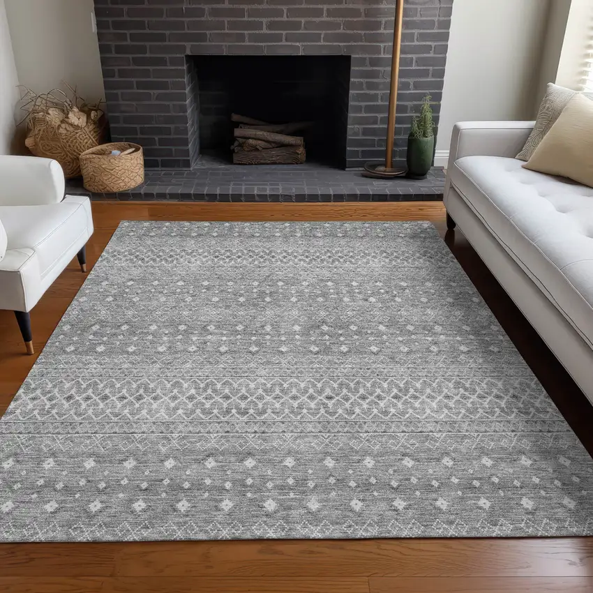 Silver Gray And Ivory Tribal Washable Indoor Outdoor Area Rug Photo 8