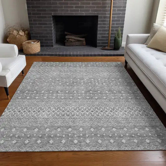 Silver Gray And Ivory Tribal Washable Indoor Outdoor Area Rug Photo 8