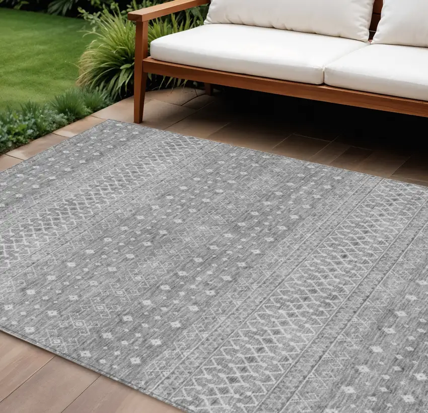 Silver Gray And Ivory Tribal Washable Indoor Outdoor Area Rug Photo 1