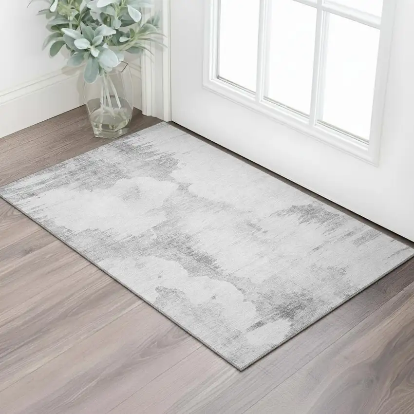 Silver Gray And Pewter Abstract Washable Area Rug With UV Protection Photo 1
