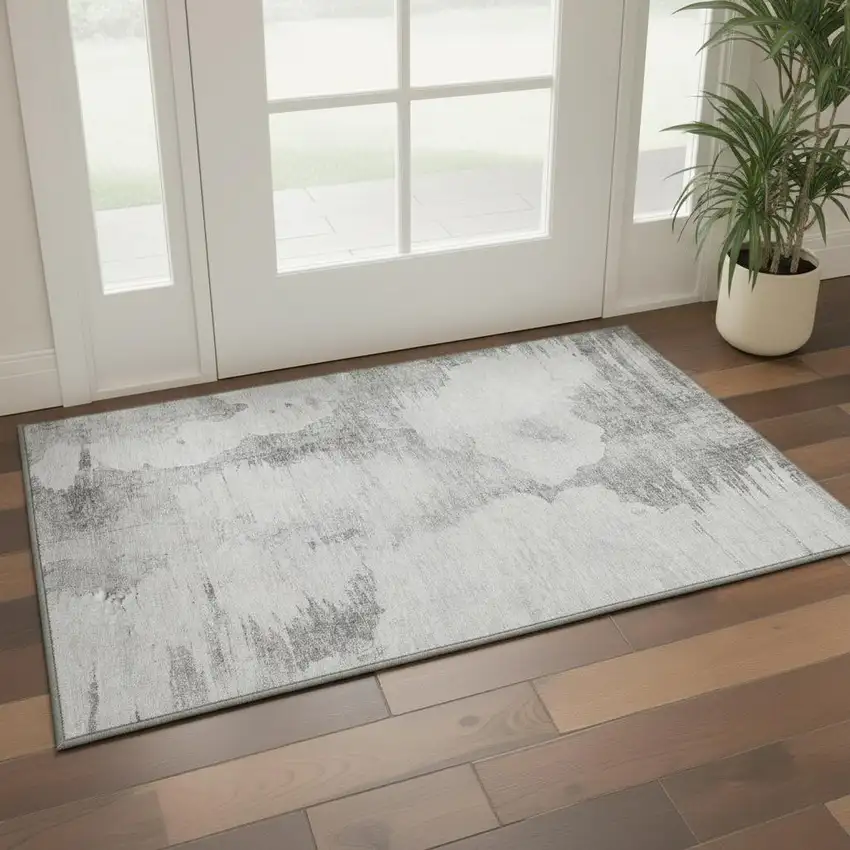 Silver Gray And Pewter Abstract Washable Area Rug With UV Protection Photo 2