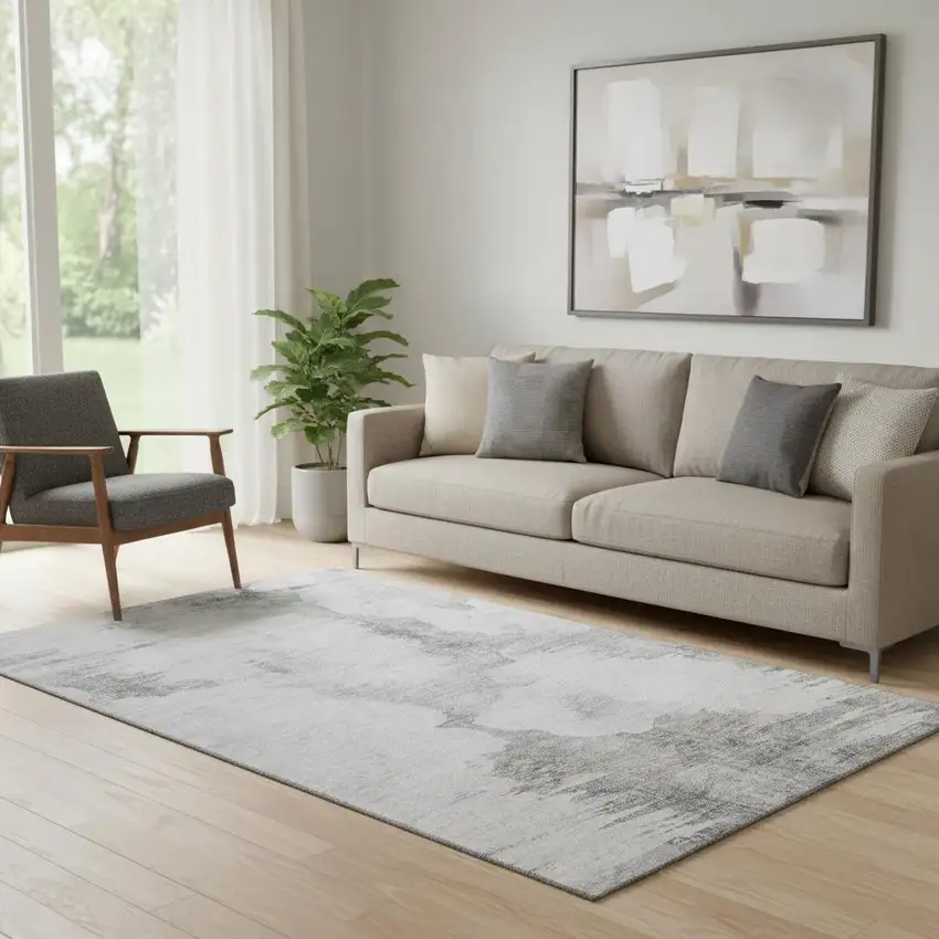 Silver Gray And Pewter Abstract Washable Area Rug With UV Protection Photo 1