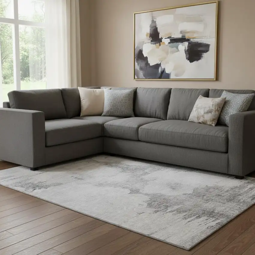 Silver Gray And Pewter Abstract Washable Area Rug With UV Protection Photo 1