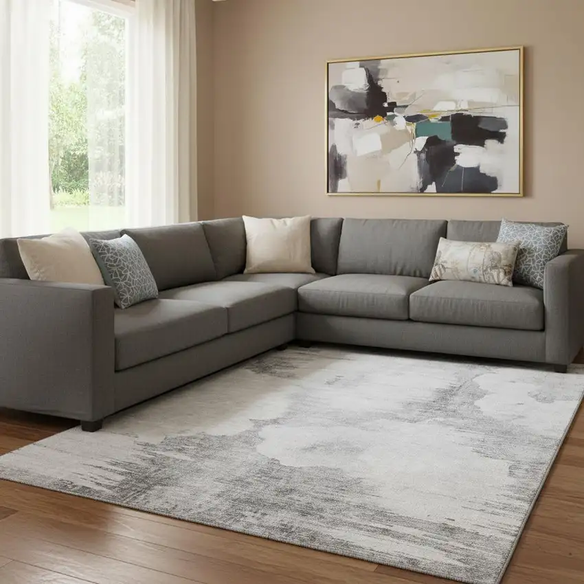 Silver Gray And Pewter Abstract Washable Area Rug With UV Protection Photo 1