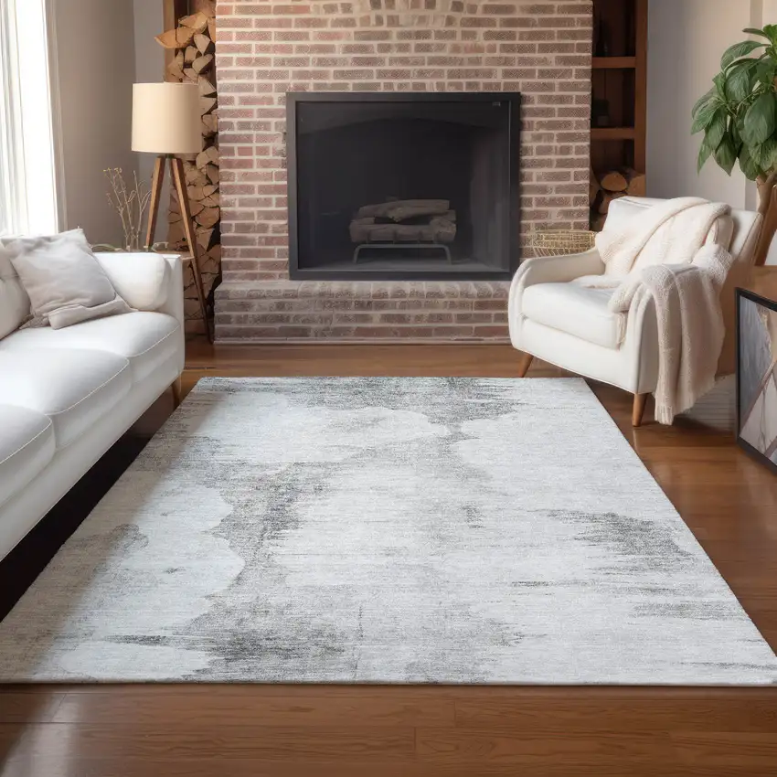 Silver Gray And Pewter Abstract Washable Indoor Outdoor Area Rug Photo 8