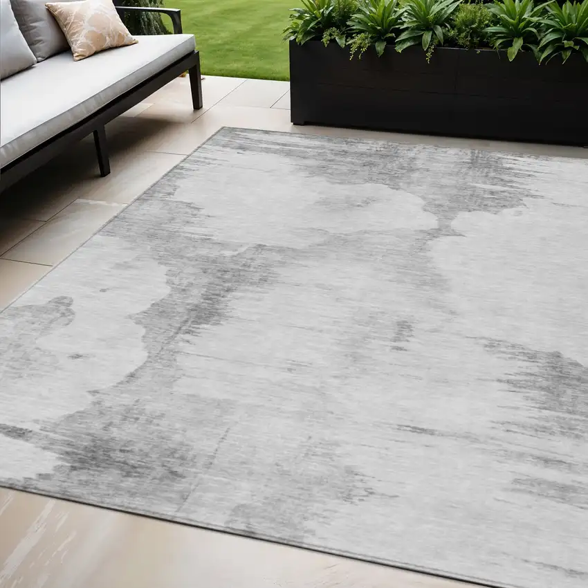 Silver Gray And Pewter Abstract Washable Indoor Outdoor Area Rug Photo 1