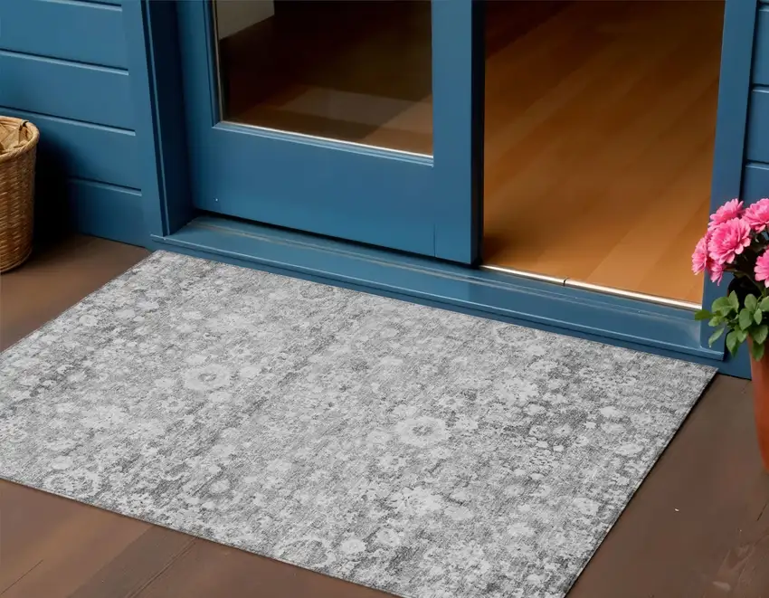 Silver Gray And Pewter Oriental Washable Indoor Outdoor Area Rug Photo 2
