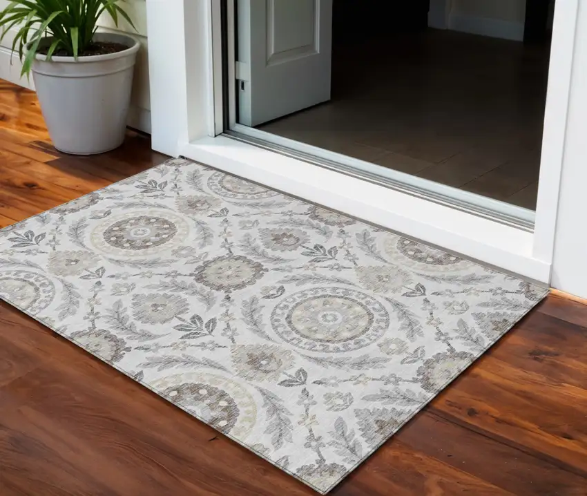 Silver Gray And Taupe Floral Washable Indoor Outdoor Area Rug Photo 1