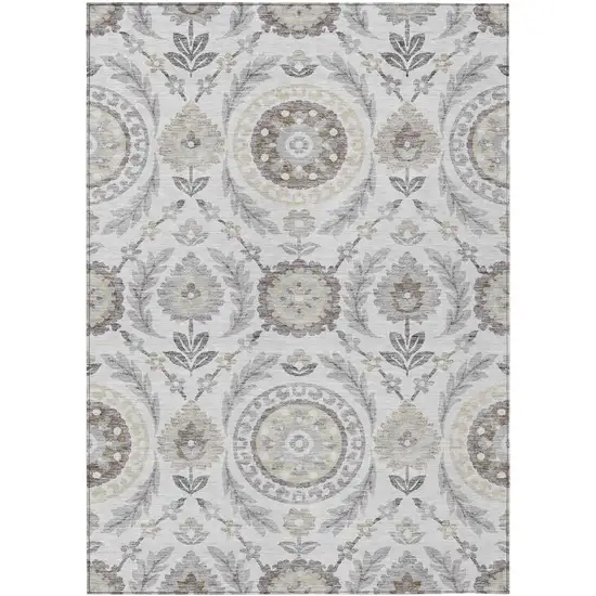 Silver Gray And Taupe Floral Washable Indoor Outdoor Area Rug Photo 1