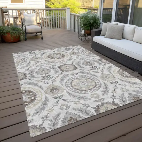 Silver Gray And Taupe Floral Washable Indoor Outdoor Area Rug Photo 8