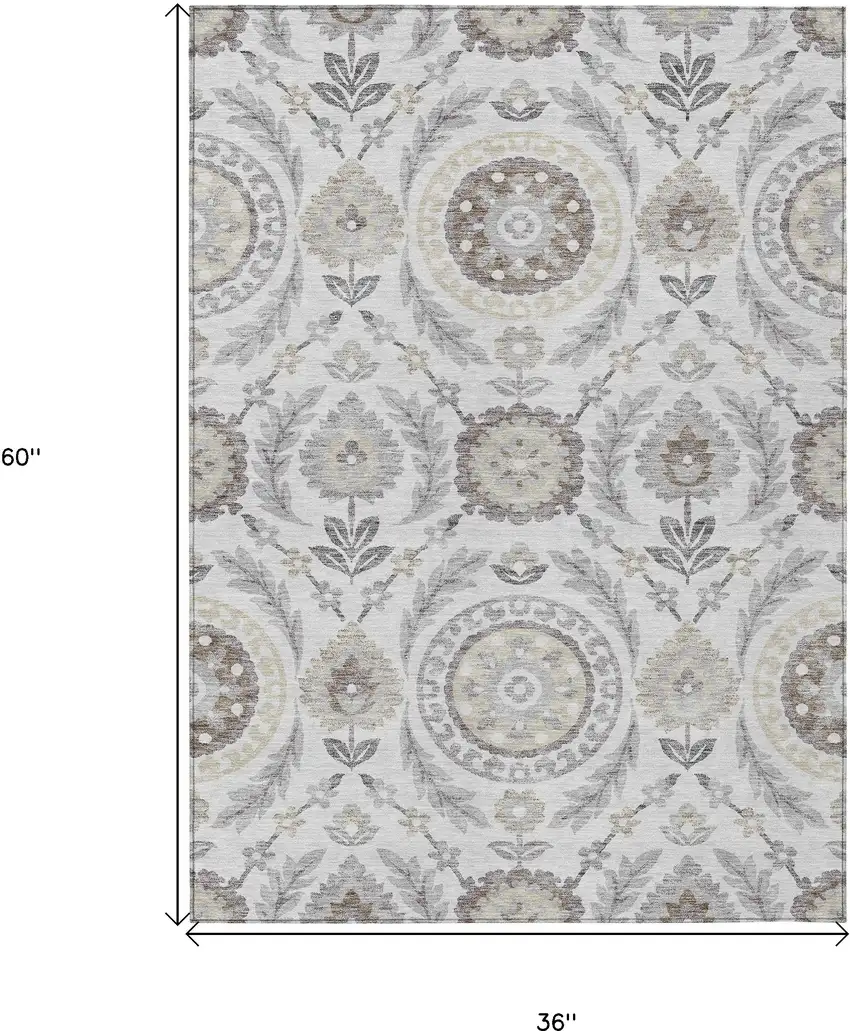 Silver Gray And Taupe Floral Washable Indoor Outdoor Area Rug Photo 9