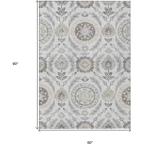 Silver Gray And Taupe Floral Washable Indoor Outdoor Area Rug Photo 9