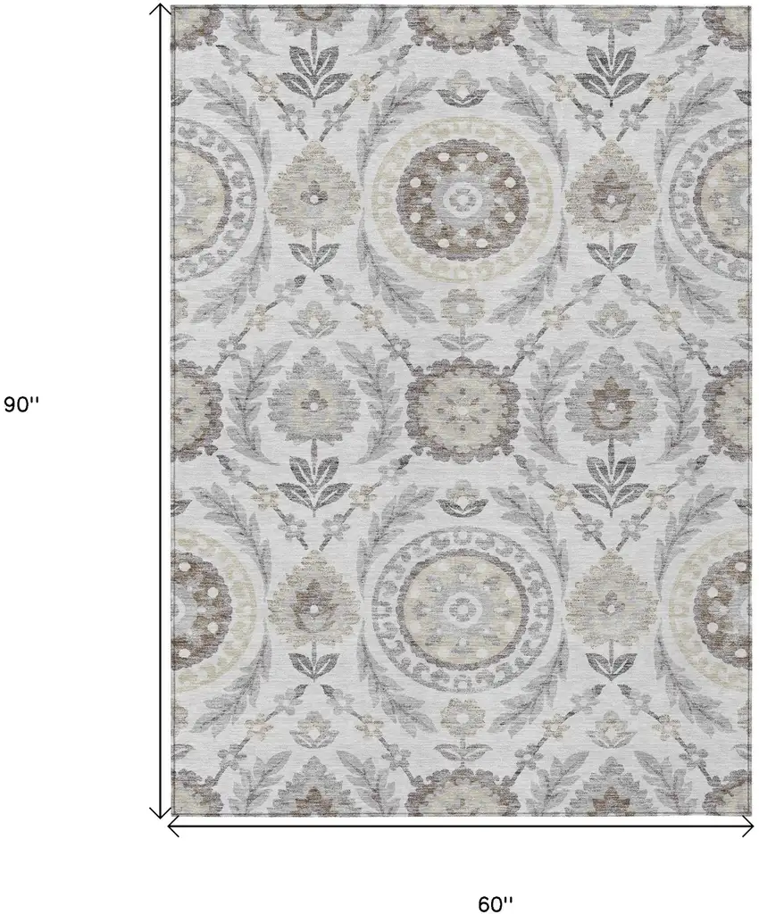 Silver Gray And Taupe Floral Washable Indoor Outdoor Area Rug Photo 9
