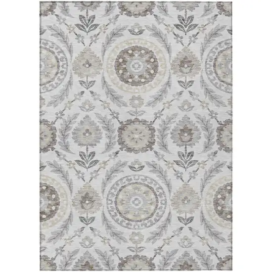 Silver Gray And Taupe Floral Washable Indoor Outdoor Area Rug Photo 1