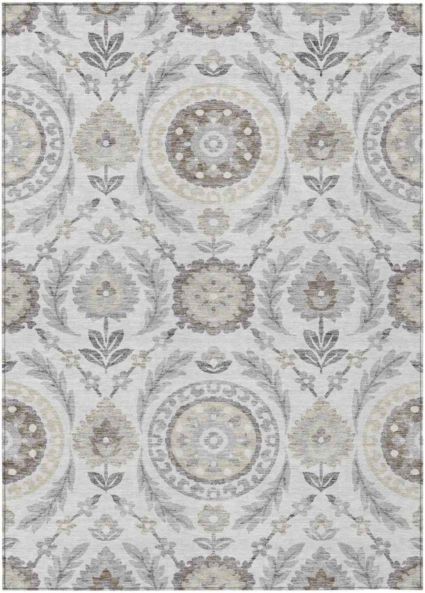 Silver Gray And Taupe Floral Washable Indoor Outdoor Area Rug Photo 1