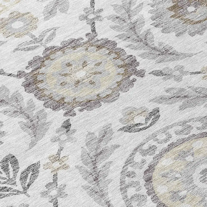 Silver Gray And Taupe Floral Washable Indoor Outdoor Area Rug Photo 7