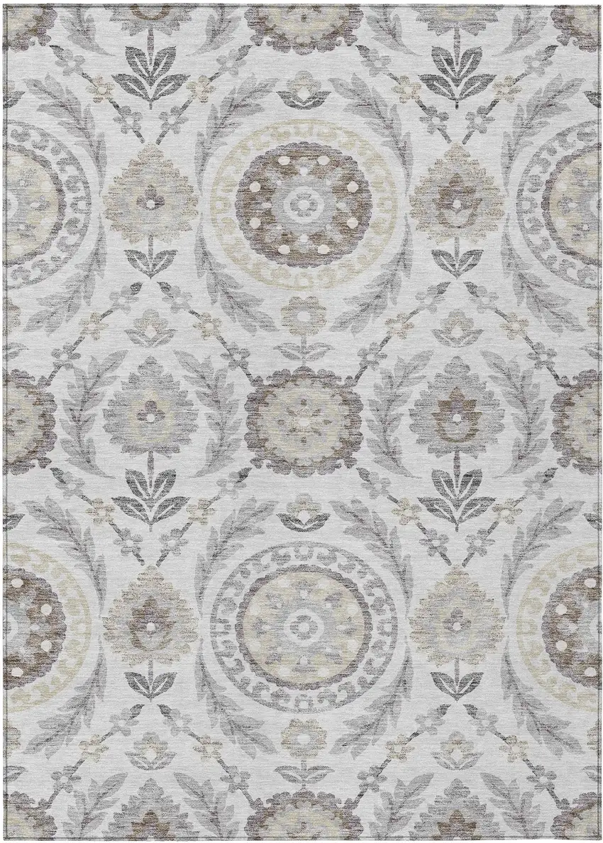 Silver Gray And Taupe Floral Washable Indoor Outdoor Area Rug Photo 1