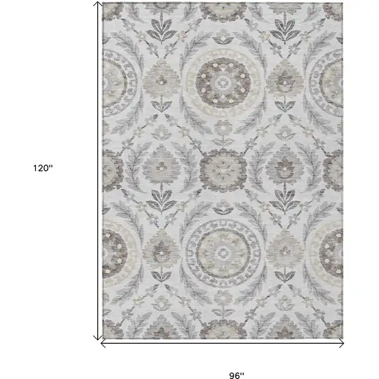 Silver Gray And Taupe Floral Washable Indoor Outdoor Area Rug Photo 9