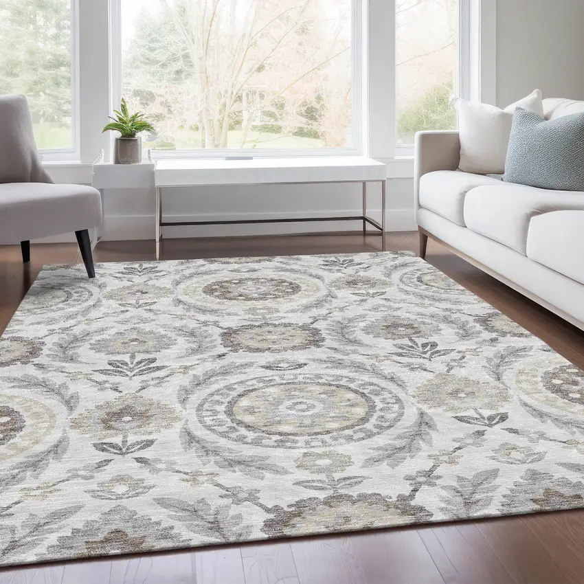 Silver Gray And Taupe Floral Washable Indoor Outdoor Area Rug Photo 6