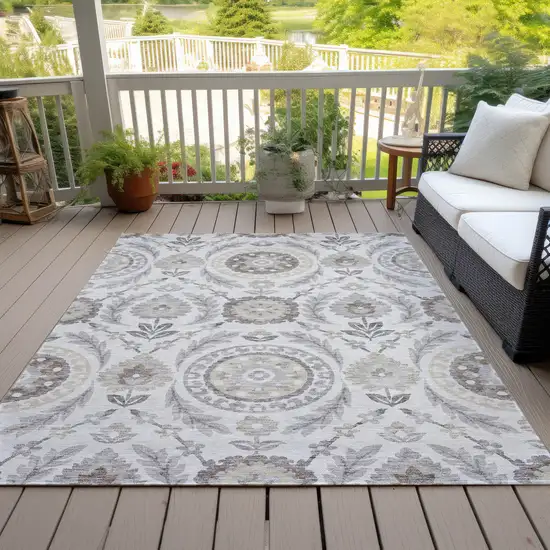 Silver Gray And Taupe Floral Washable Indoor Outdoor Area Rug Photo 5