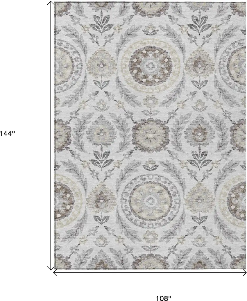 Silver Gray And Taupe Floral Washable Indoor Outdoor Area Rug Photo 9