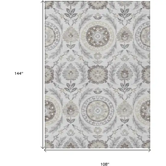 Silver Gray And Taupe Floral Washable Indoor Outdoor Area Rug Photo 9