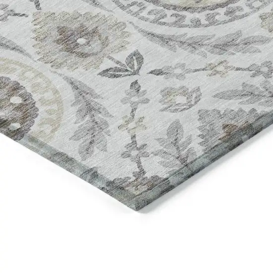 Silver Gray And Taupe Floral Washable Indoor Outdoor Area Rug Photo 3