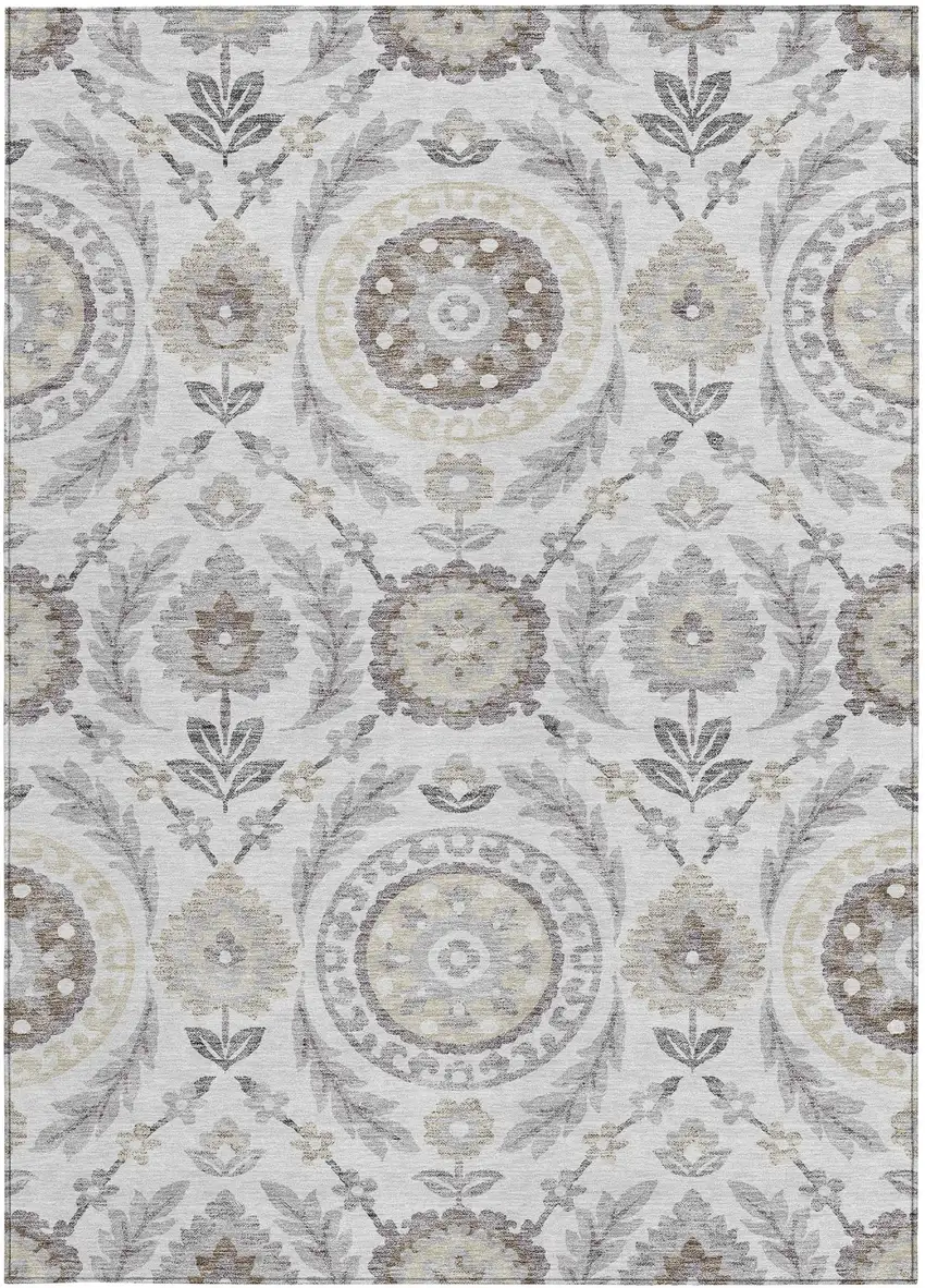 Silver Gray And Taupe Floral Washable Indoor Outdoor Area Rug Photo 5