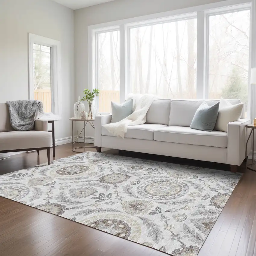 Silver Gray And Taupe Floral Washable Indoor Outdoor Area Rug Photo 7