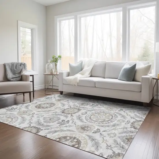 Silver Gray And Taupe Floral Washable Indoor Outdoor Area Rug Photo 7