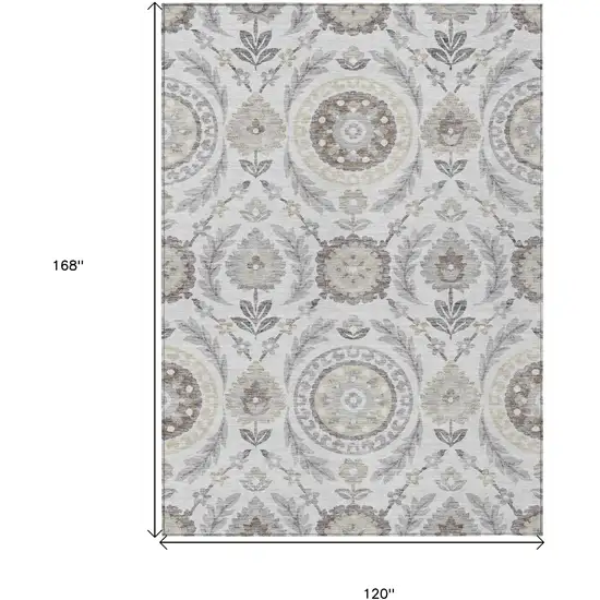 Silver Gray And Taupe Floral Washable Indoor Outdoor Area Rug Photo 9