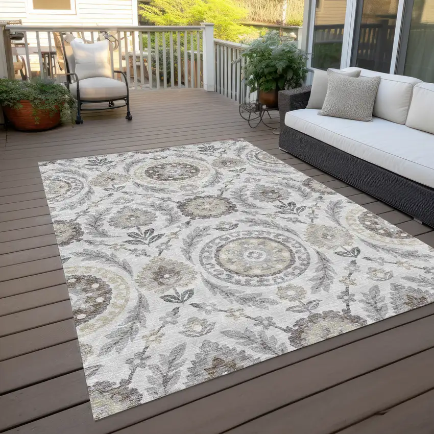 Silver Gray And Taupe Floral Washable Indoor Outdoor Area Rug Photo 8